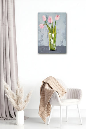 Vase with Pink Tulips – Textured Floral Painting