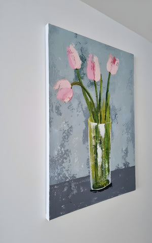 Vase with Pink Tulips – Textured Floral Painting