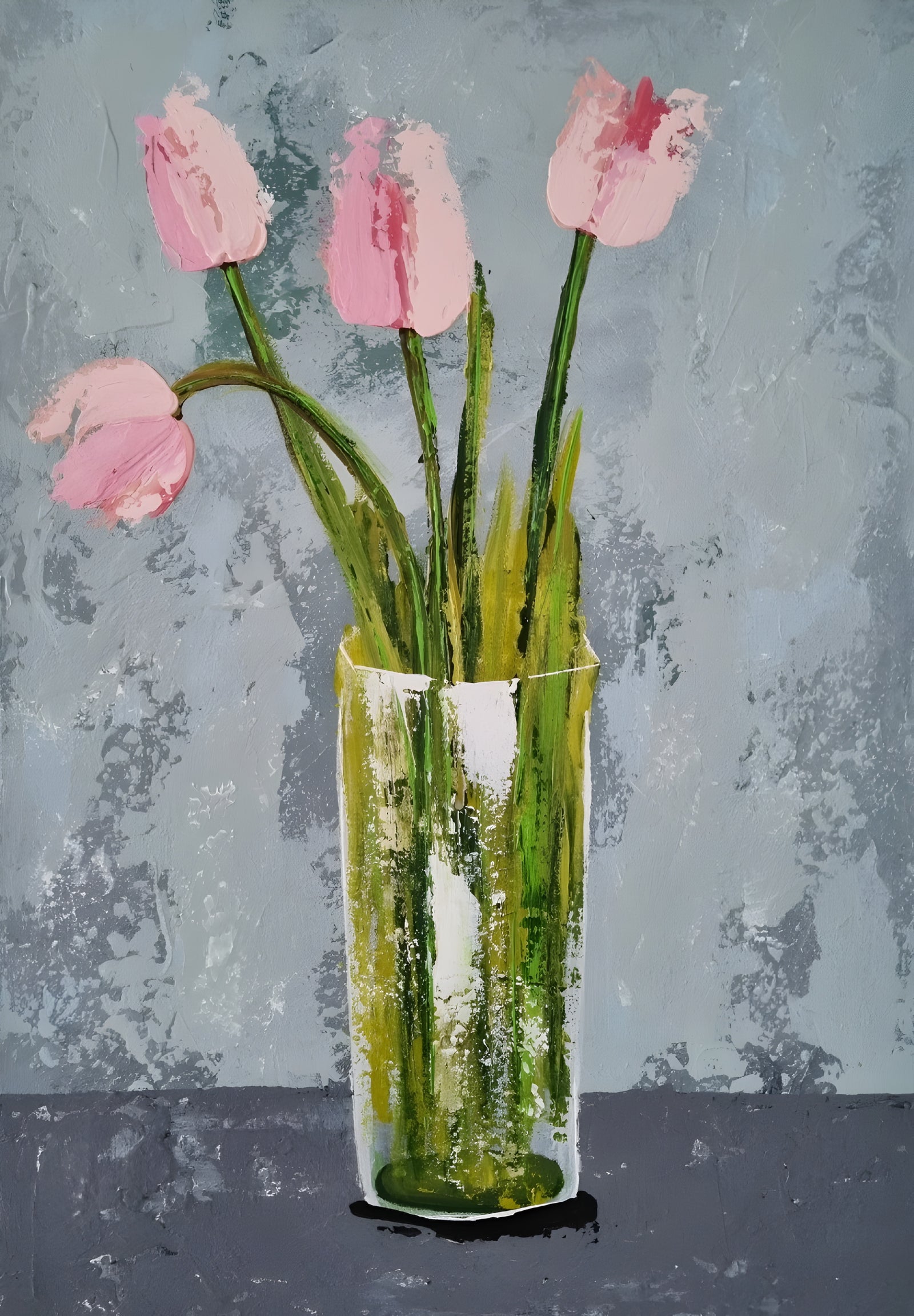 Vase with Pink Tulips – Textured Floral Painting