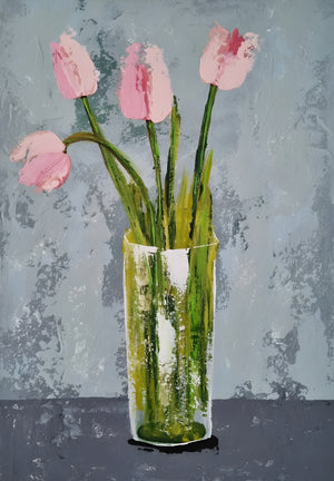 Vase with Pink Tulips – Textured Floral Painting