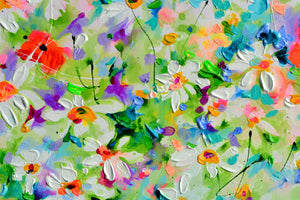 White Daisy and Red Poppy Field Floral Canvas Art featuring vibrant daisies and poppies in a colorful meadow.