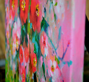 Pink and Red Camellias Field Floral Canvas Painting