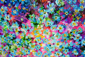 Forget Me Not Flower Painting Sunrise Field Landscape Art showcasing vibrant blue flowers amid a colorful meadow.