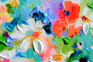 Close-up of White Daisy and Red Poppy Field Floral Canvas Art showcasing vibrant paint textures and colors.