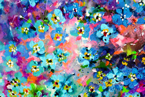 Forget Me Not Flower Painting Sunrise Field Landscape Art featuring vibrant blue flowers in a colorful meadow.