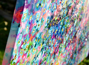 Forget Me Not Flower Painting Sunrise Field Landscape Art showcasing vibrant blooms in a colorful meadow.