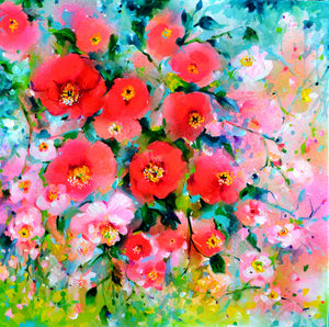 Pink and Red Camellias Field Floral Canvas Painting