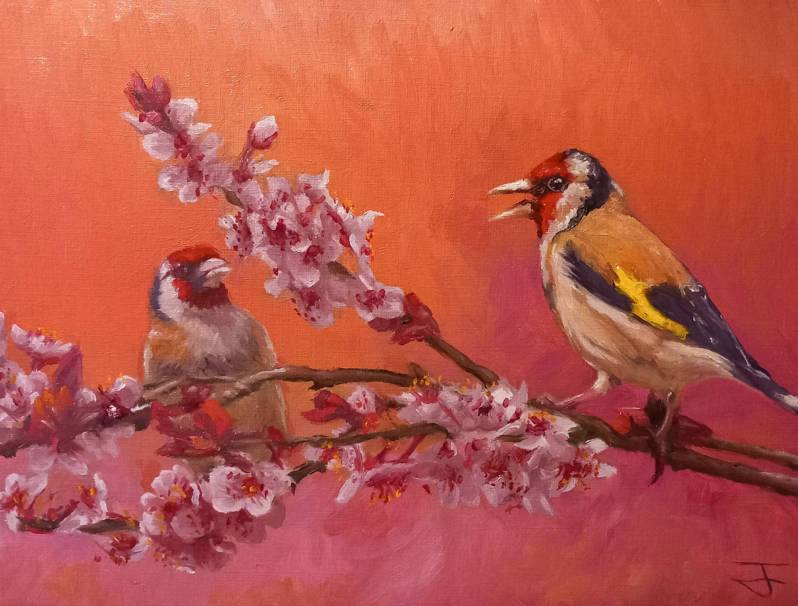 Conversations in the Blossom Original Goldfinch Pair Oil Painting