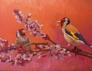Conversations in the Blossom Original Goldfinch Pair Oil Painting