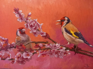 Conversations in the Blossom Original Goldfinch Pair Oil Painting