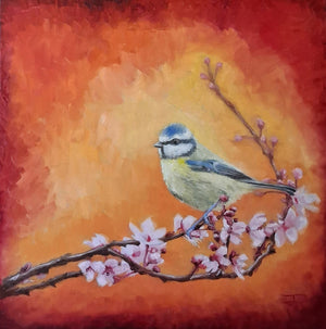 Blue Tit Spring Bloom 002 Oil Painting Original Bird Artwork