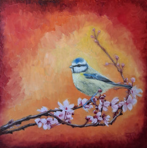Blue Tit Spring Bloom 002 Oil Painting Original Bird Artwork