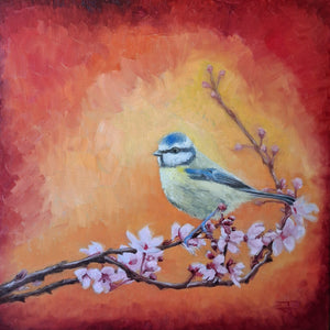 Blue Tit Spring Bloom 002 Oil Painting Original Bird Artwork
