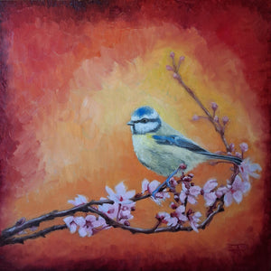 Blue Tit Spring Bloom 002 Oil Painting Original Bird Artwork