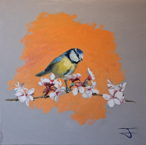 Blue Tit Spring Bloom 001 Oil Painting Original Bird Artwork