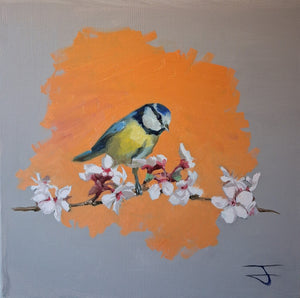 Blue Tit Spring Bloom 001 Oil Painting Original Bird Artwork