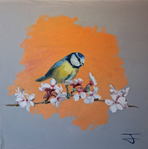 Blue Tit Spring Bloom 001 Oil Painting Original Bird Artwork