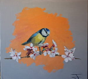Blue Tit Spring Bloom 001 Oil Painting Original Bird Artwork