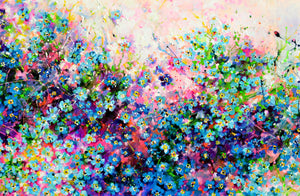 Forget Me Not Flower Painting Sunrise Field Landscape Art depicts a vibrant meadow filled with colorful blooms.