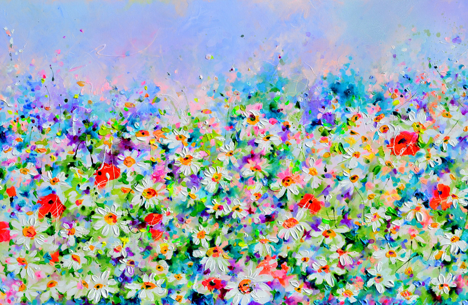 White Daisy and Red Poppy Field Floral Canvas Art showcasing vibrant flowers in a blooming meadow.