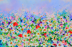 White Daisy and Red Poppy Field Floral Canvas Art featuring vibrant blooms in a colorful meadow.
