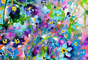 Forget Me Not Flower Painting Sunrise Field Landscape Art showcasing vibrant blue and purple flowers in a colorful meadow.