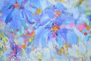 Violets and Peonies Large Textured Floral Oil Painting showcasing vibrant blue flowers and colorful brush strokes.