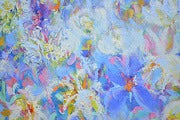 Violets and Peonies Large Textured Floral Oil Painting showcasing vibrant colors and expressive textures in floral artwork.