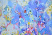 Violets and Peonies Large Textured Floral Oil Painting featuring vibrant blue and colorful floral textures.