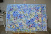 Violets and Peonies Large Textured Floral Oil Painting showcasing vibrant blues and yellows in an impressionistic style.