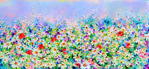 White Daisy and Red Poppy Field Floral Canvas Art featuring a vibrant meadow of daisies and poppies.