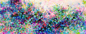 Forget Me Not Flower Painting Sunrise Field Landscape Art with vibrant blooms in a colorful meadow.