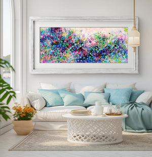 Forget Me Not Flower Painting Sunrise Field Landscape Art displayed in a modern living room with light blue decor.