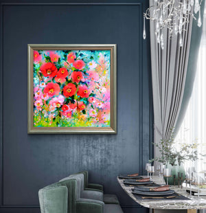 Pink and Red Camellias Field Floral Canvas Painting