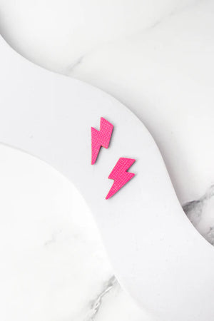 Small Lightning Bolt Studs Neon Pink Leather