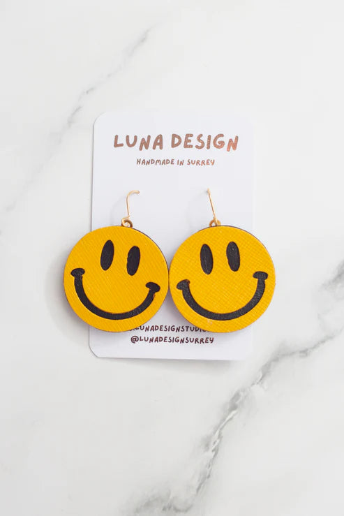 Yellow Smiley Face Leather Earrings Statement