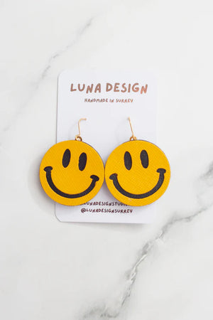 Yellow Smiley Face Leather Earrings Statement