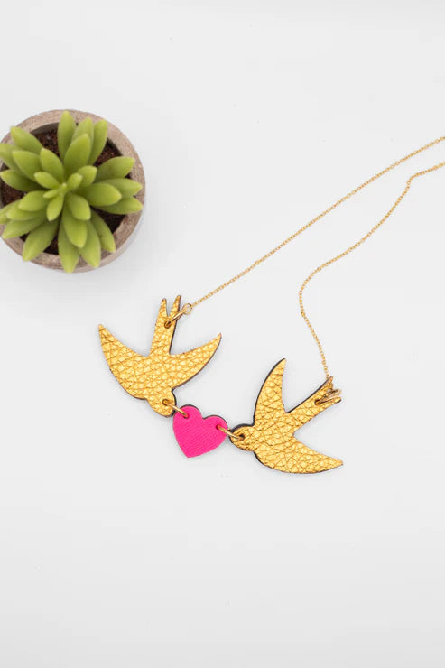 Golden Swallow and Heart Necklace Handmade Leather