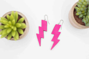 Large Leather Neon Pink Lightning Bolt Drop Earrings