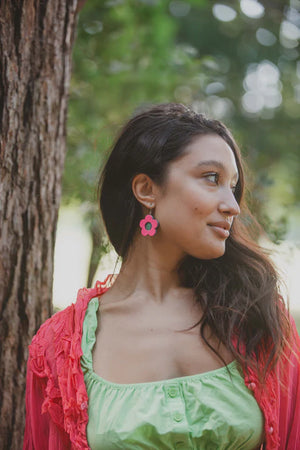 Flower Power Statement Earrings Neon Pink