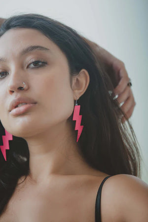 Large Leather Neon Pink Lightning Bolt Drop Earrings