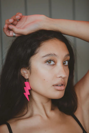 Large Leather Neon Pink Lightning Bolt Drop Earrings