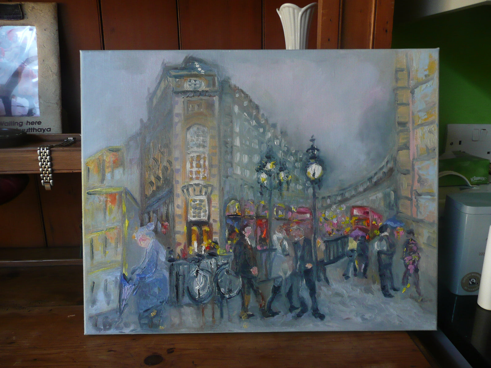 Piccadilly Circus original impressionistic London painting showcasing vibrant urban life and historic architecture.