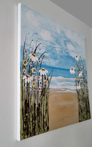 Daisies at the Beach – Textured Seascape Painting
