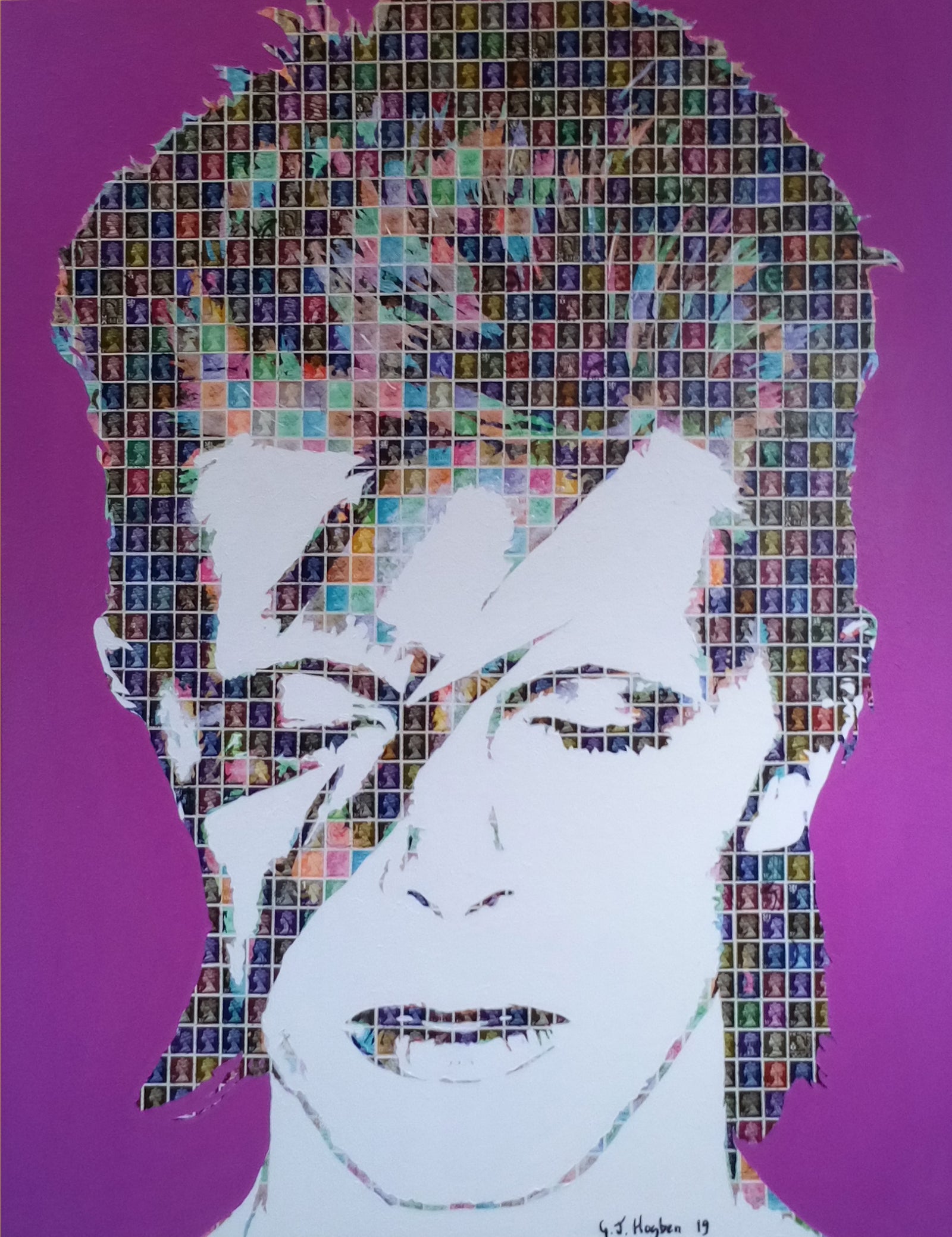Aladdin Sane David Bowie Stamp Collage Art featuring a portrait made of British postage stamps.
