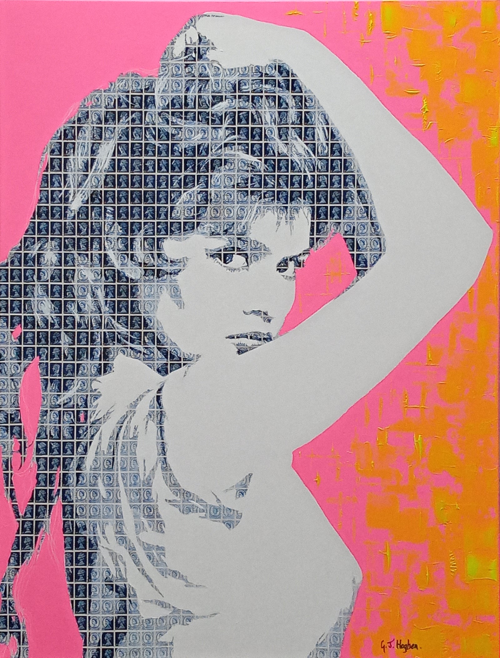 Brigitte Bardot stamp collage art portrait in mixed media featuring British postage stamps on vibrant background.