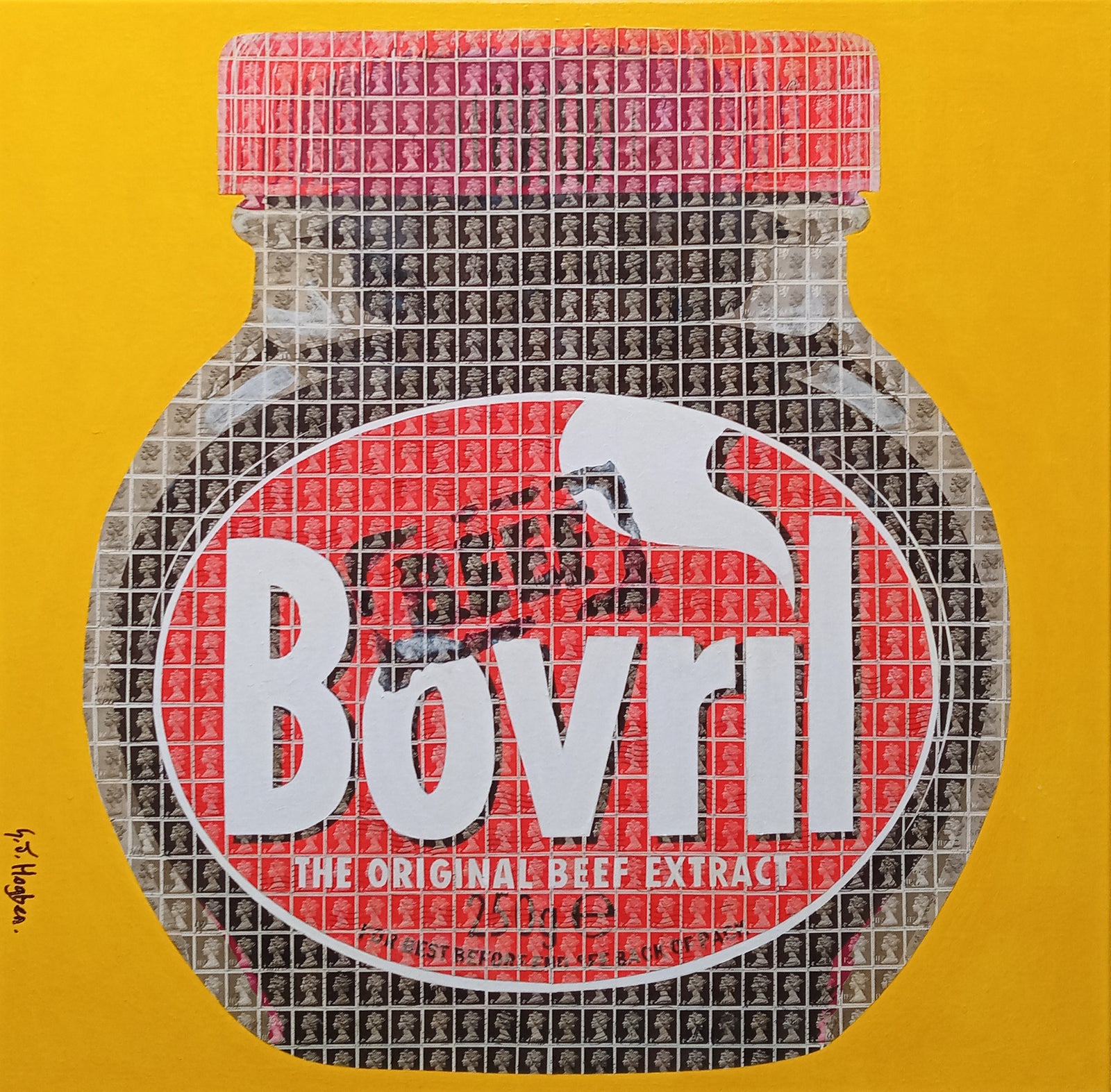 Bovril – British stamp collage art featuring layered postage stamps in a vibrant design.