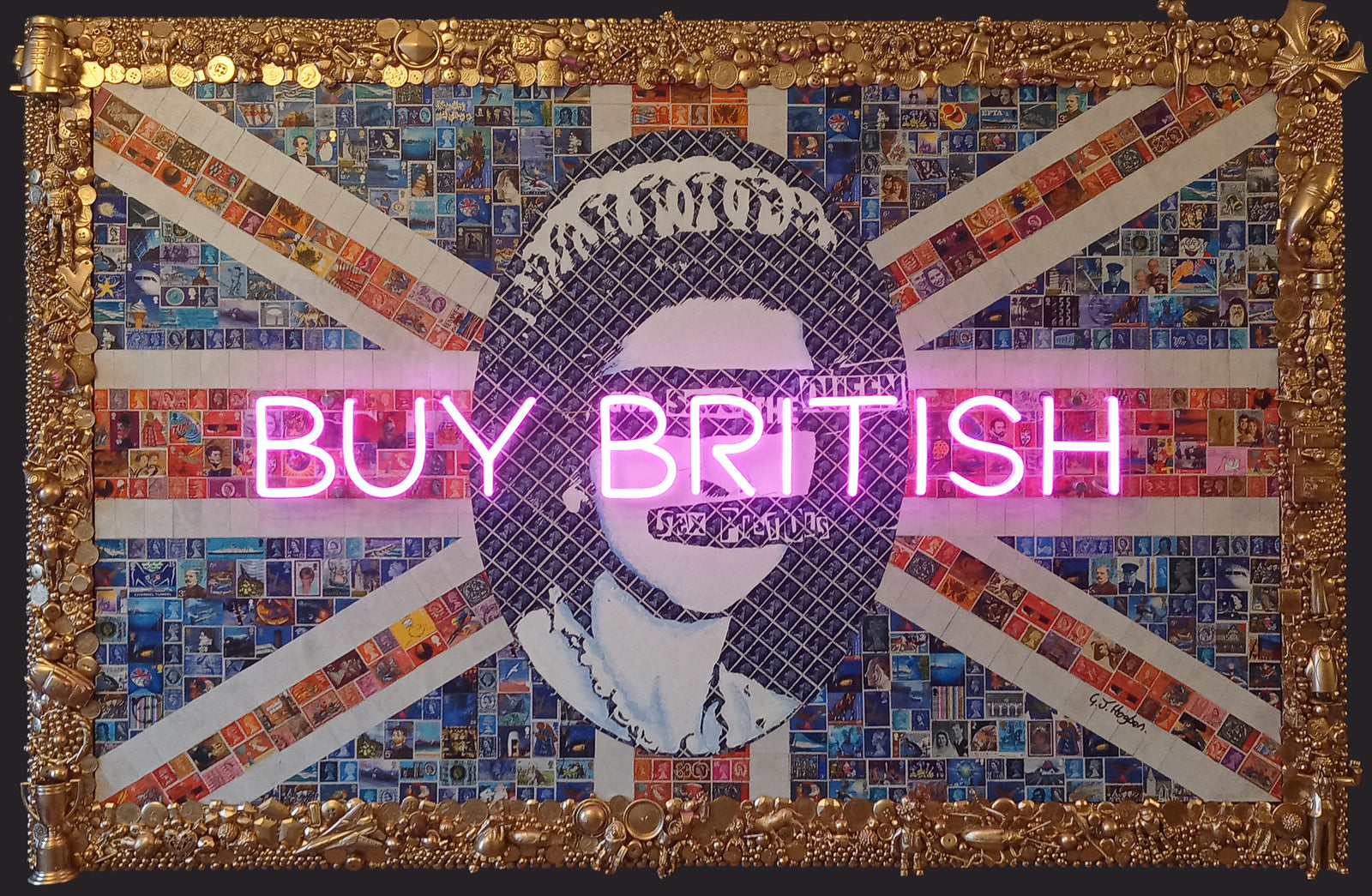 Buy British - Mixed Media Stamp Statement Artwork featuring a neon sign on a collage of British postage stamps.