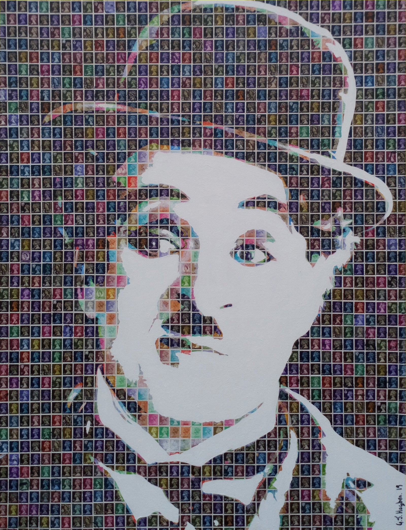 Mixed media Charlie Chaplin art portrait made from British postage stamps, featuring an intricate collage design.