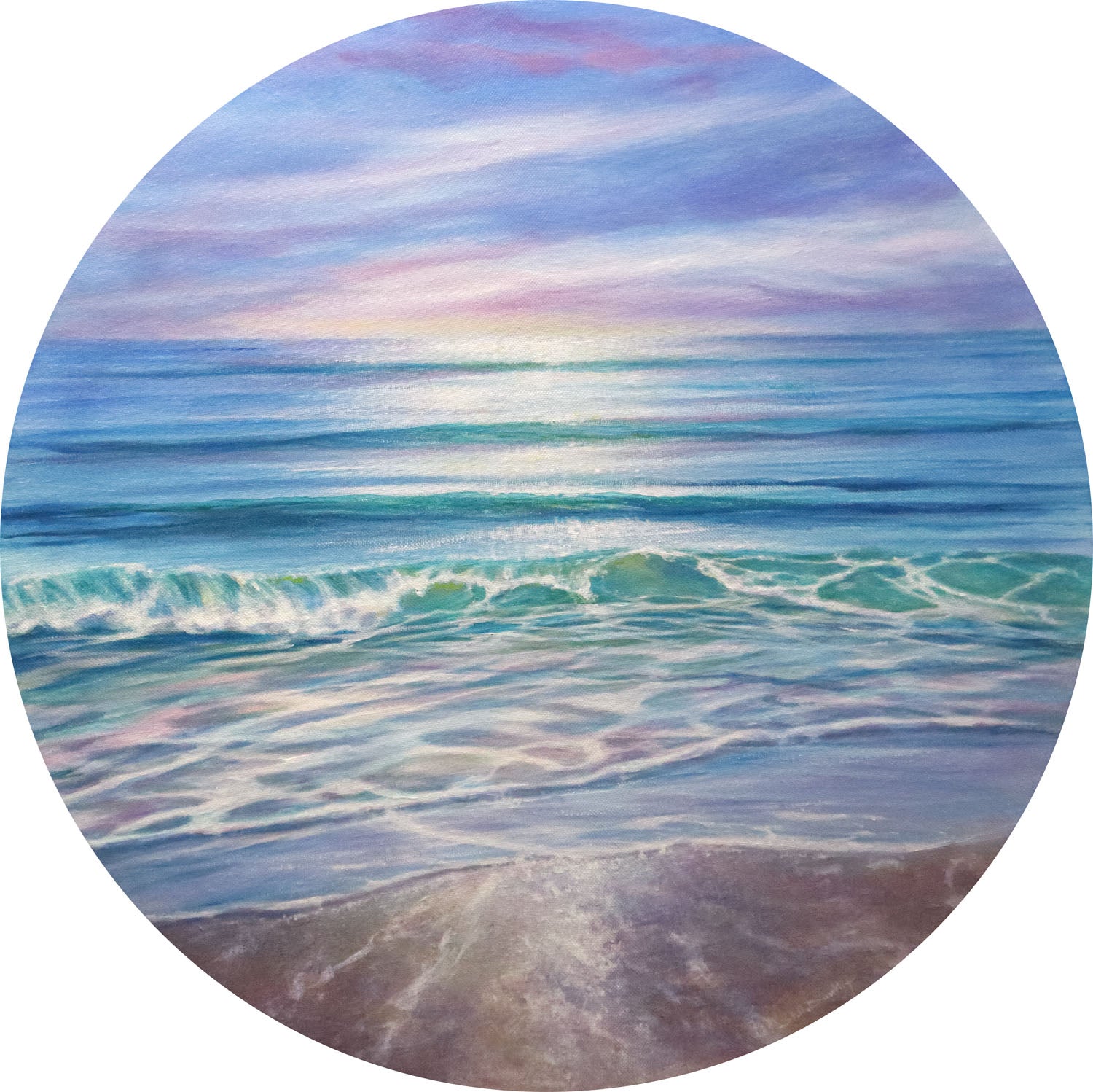Circular seascape painting depicting serene waves and clouds in a calming coastal landscape.